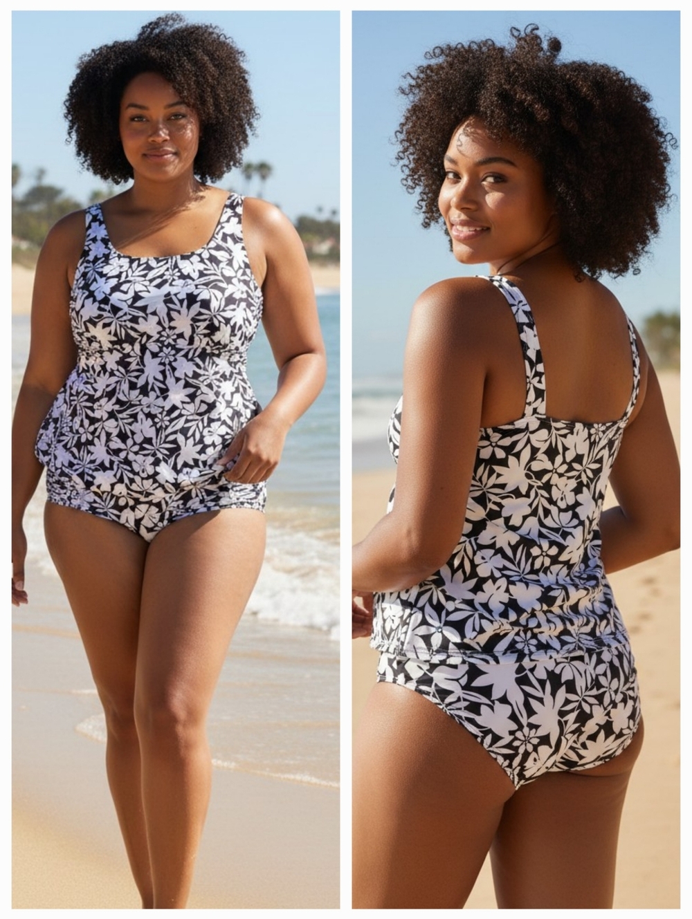 Lands End Black White Havana Floral  Tankini Minimizer Swim Top & Bottom Sz 24W